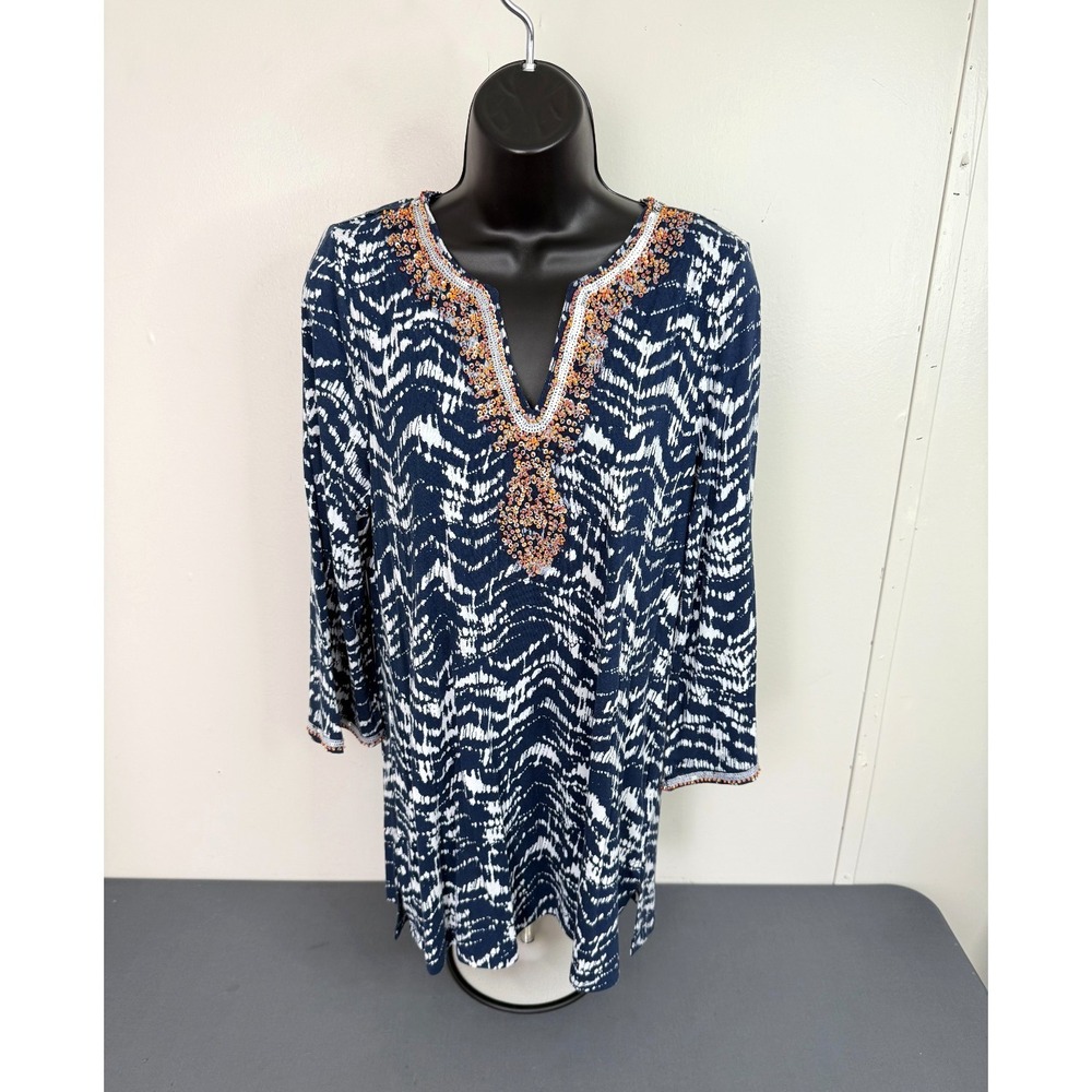 Soft Surroundings Womens Small Blue Tunic Blouse V-Neck Artsy Beaded